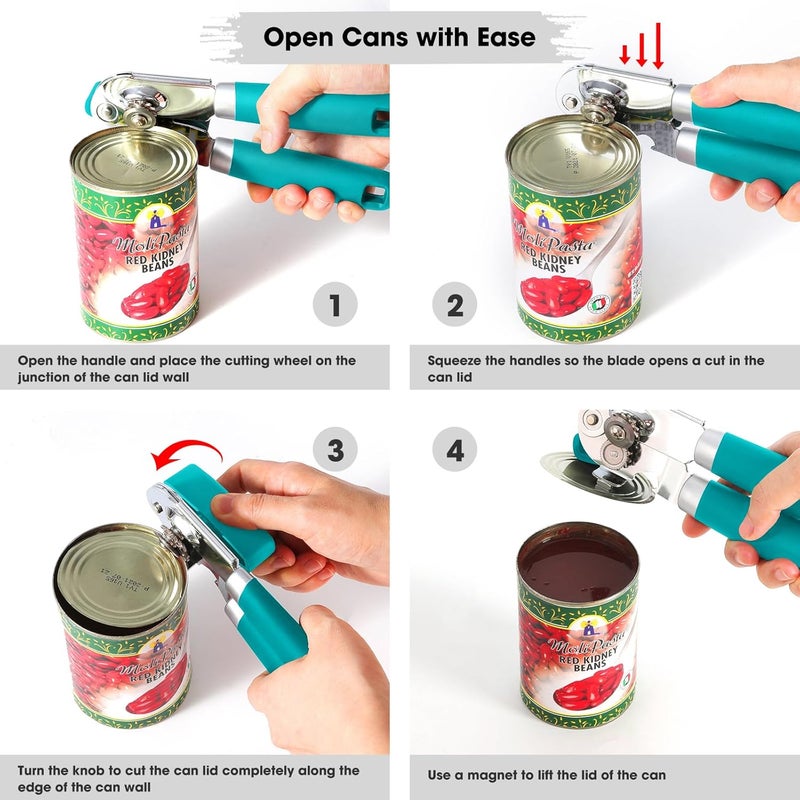 Beneno Heavy Duty Hand Can Opener Manual with Magnet, Durable Sharp Carbon Steel Blade Smooth Cutting, Big Effort-Saving Knob & Soft Grip Handle, Multifunctional Bottle Opener, Turquoise - Image 5